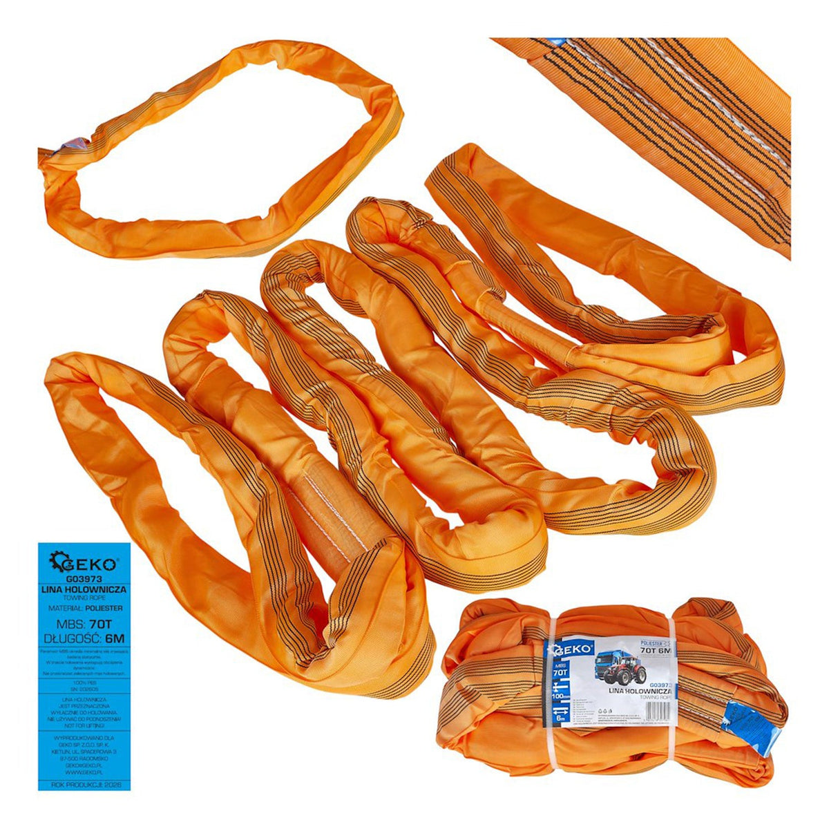 Cinghia di traino professionale 6 m 70 tonnellate per veicoli pesanti Geko