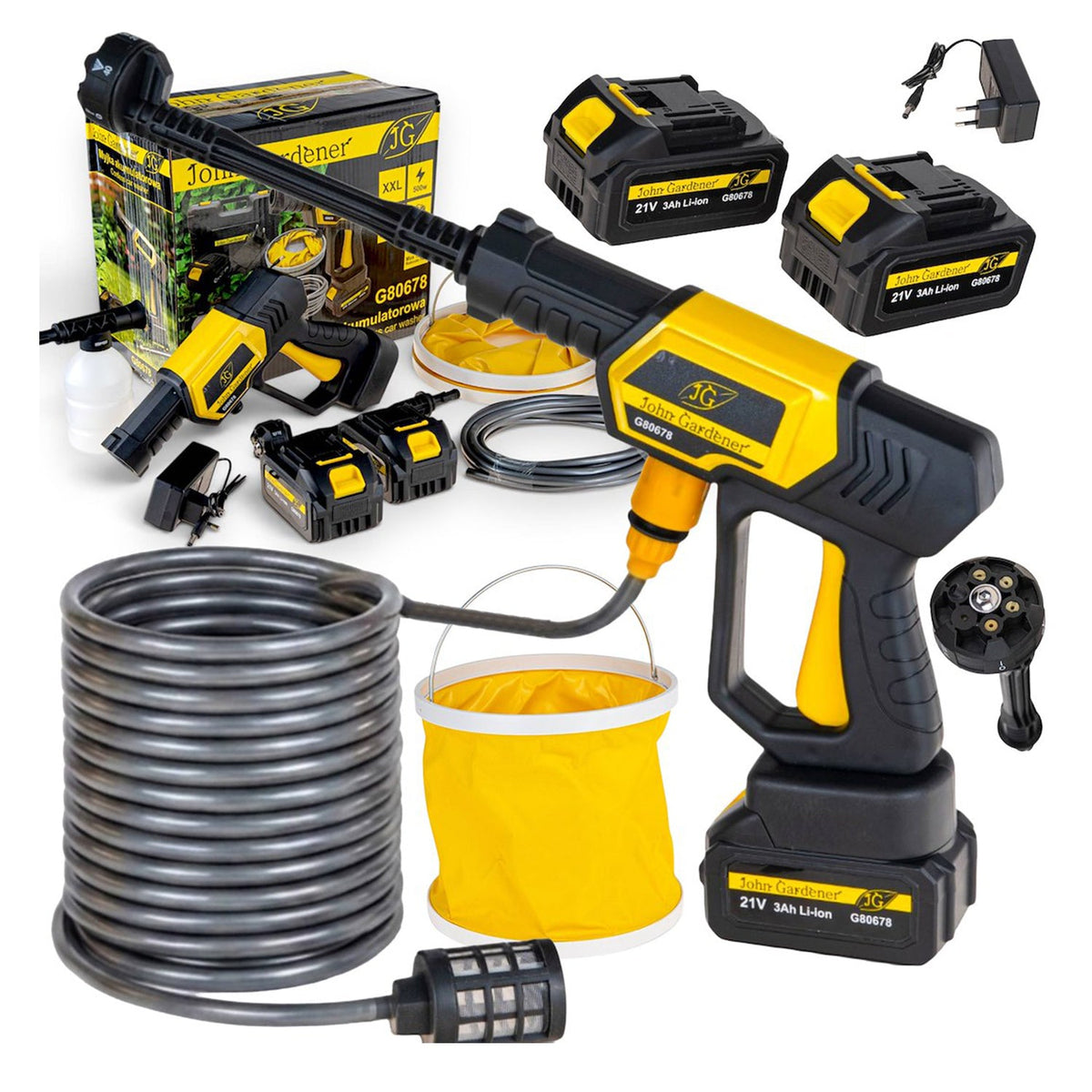Idropulitrice portatile a batteria 120 bar, 2 batterie 3.0Ah, portata 3.7 litri/min, tubo 5 m e ugelli, per auto, terrazza, giardino Geko