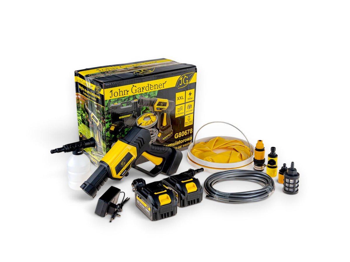 Idropulitrice portatile a batteria 120 bar, 2 batterie 3.0Ah, portata 3.7 litri/min, tubo 5 m e ugelli, per auto, terrazza, giardino Geko