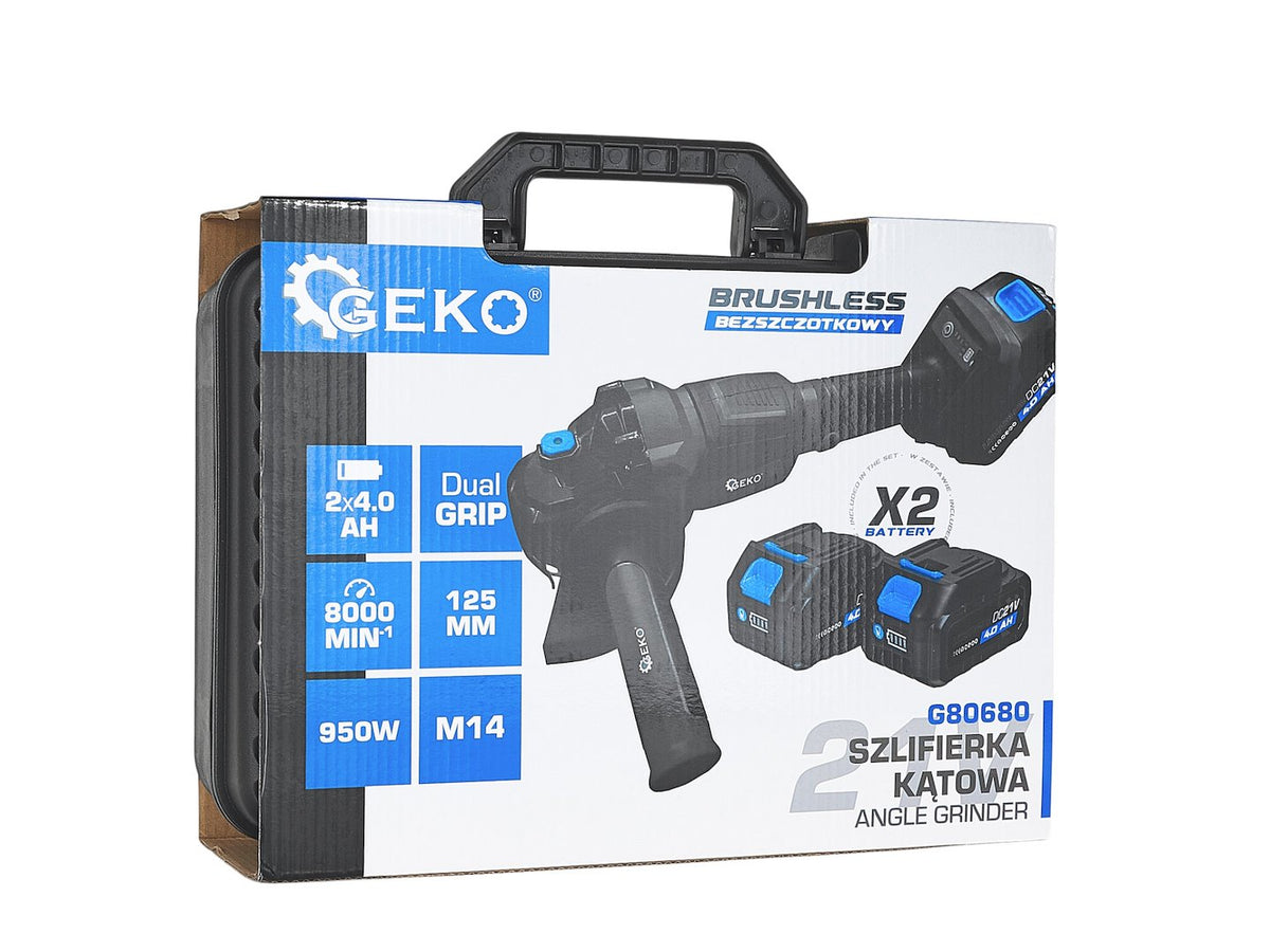 Smerigliatrice angolare a batteria 21 V – 125 mm, 950 W, 2 × 4.0 Ah Geko