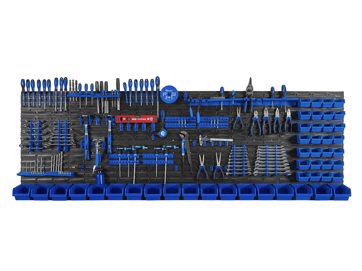 Pannello forato portautensili, portaoggetti,organizzatore da parete con contenitori/cassette, portattrezzi per garage e officina,140 elementi 2304x780mm Geko
