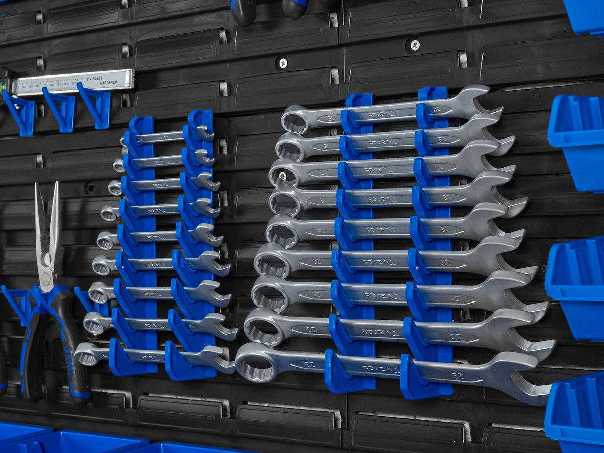 Pannello forato portautensili, portaoggetti,organizzatore da parete con contenitori/cassette, portattrezzi per garage e officina,140 elementi 2304x780mm Geko
