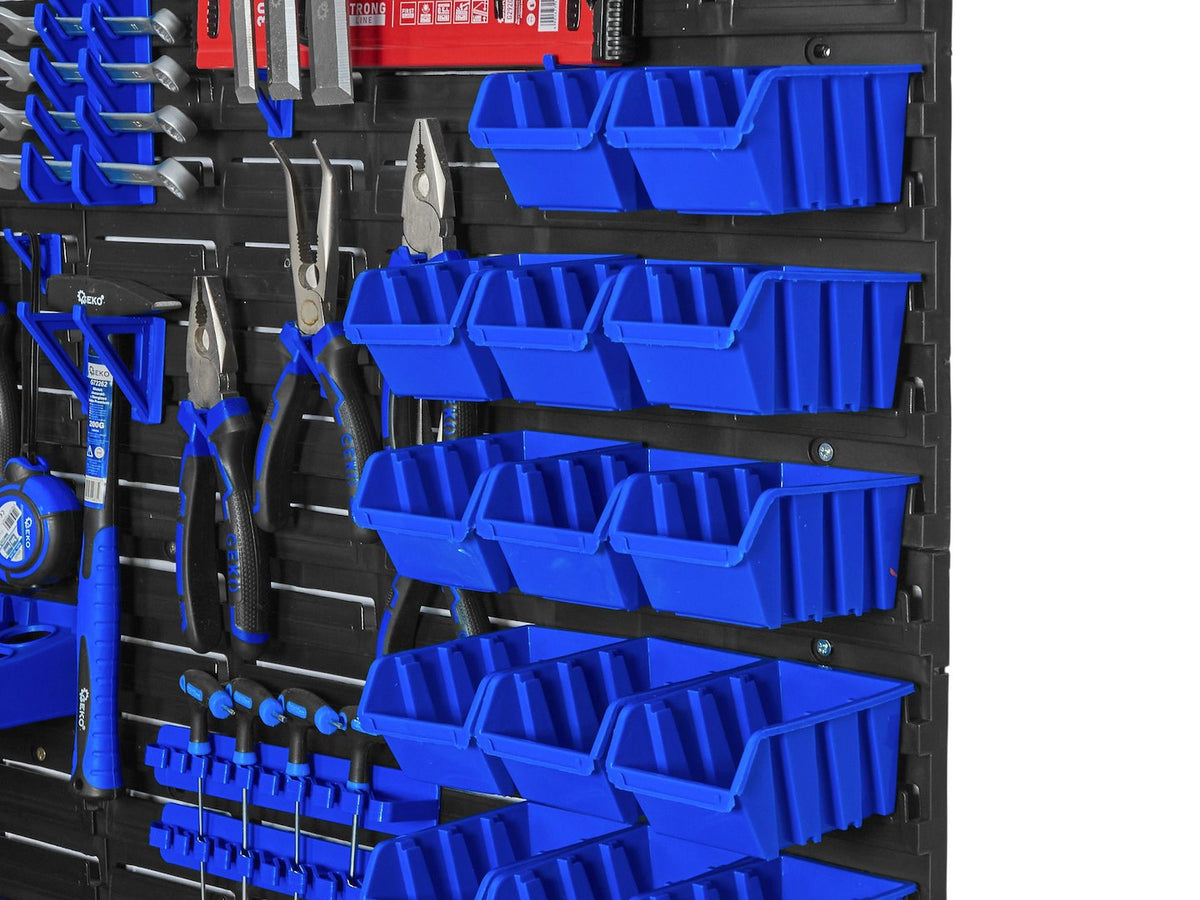 Pannello forato portautensili, portaoggetti,organizzatore da parete con contenitori/cassette, portattrezzi per garage e officina,69 elementi 1152x780mm Geko