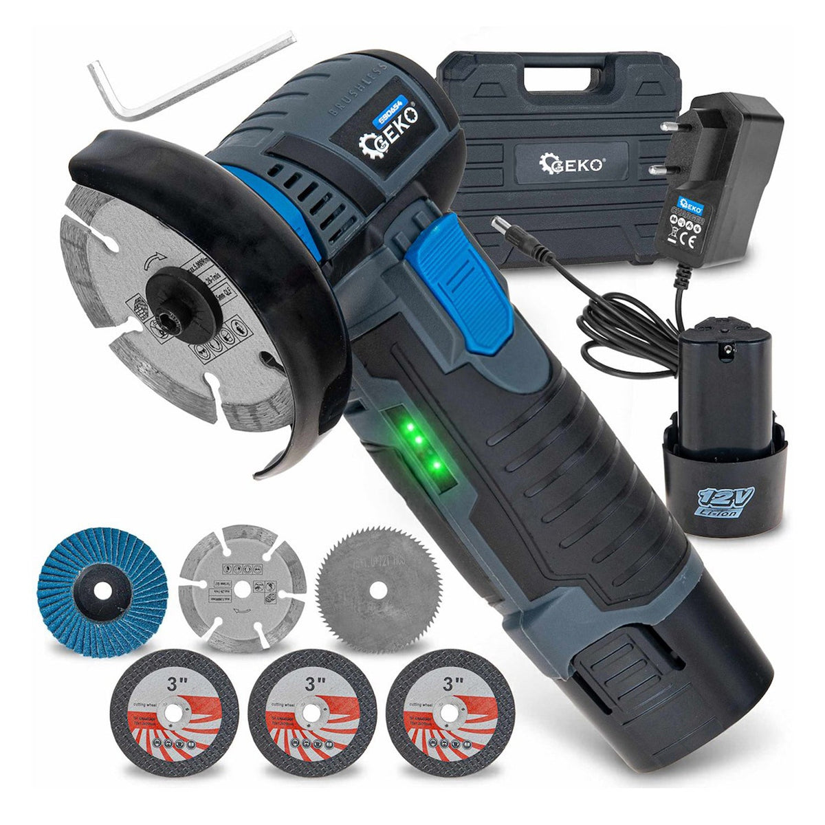 Mini smerigliatrice angolare 12 V – 76 mm, con 2 batterie Geko