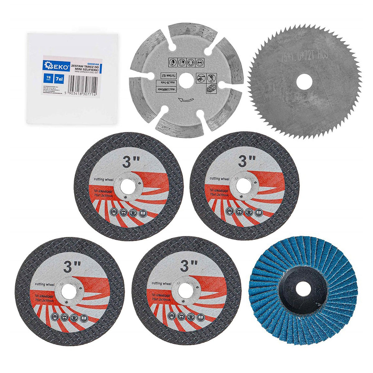 Set-kit dischi per mini smerigliatrice angolare da 76 mm, 7 pezzi Geko