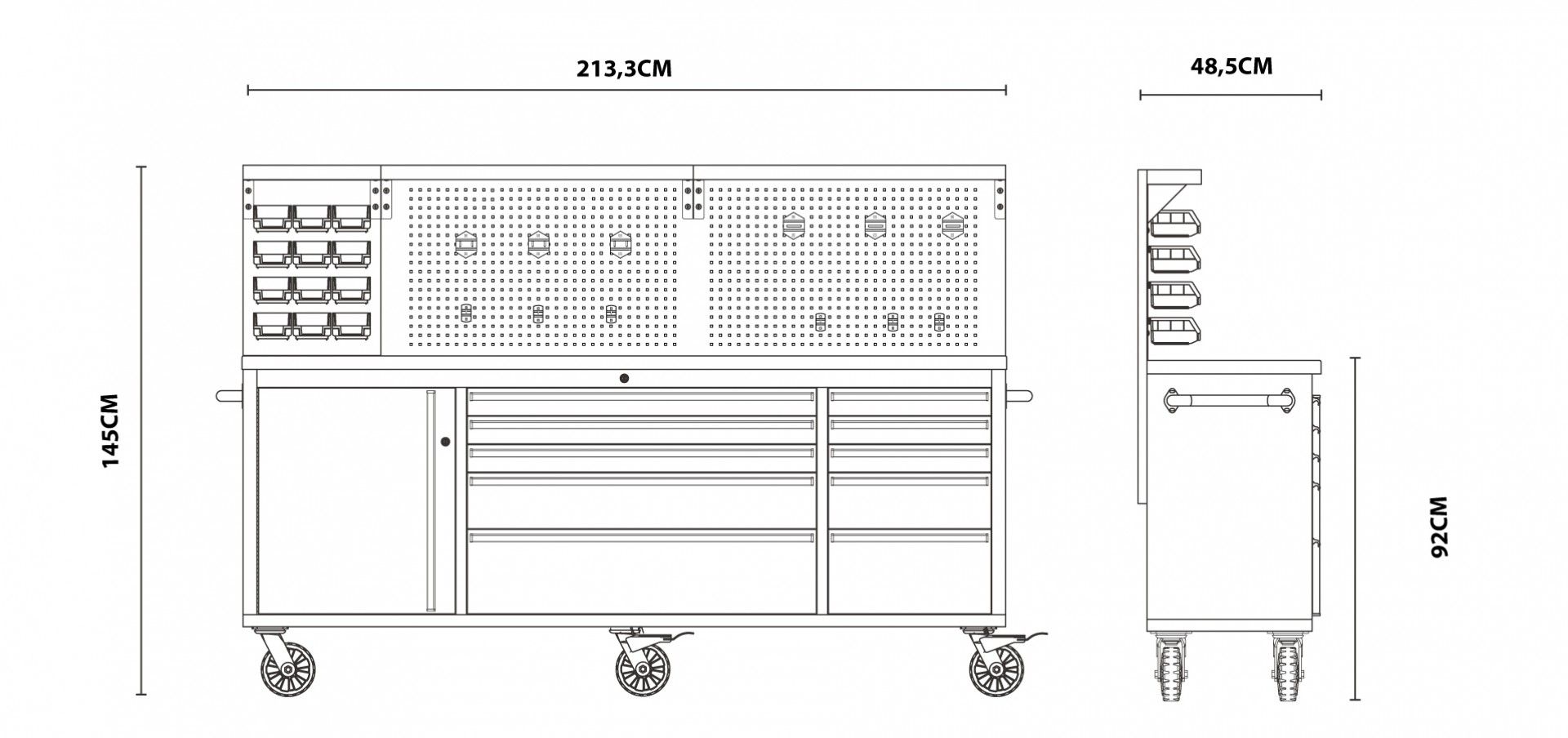 Banco da lavoro mobile con piano in legno 213 cm con 10 cassetti e 3 pannelli a parete porta utensili per officina falegname fai-da-te