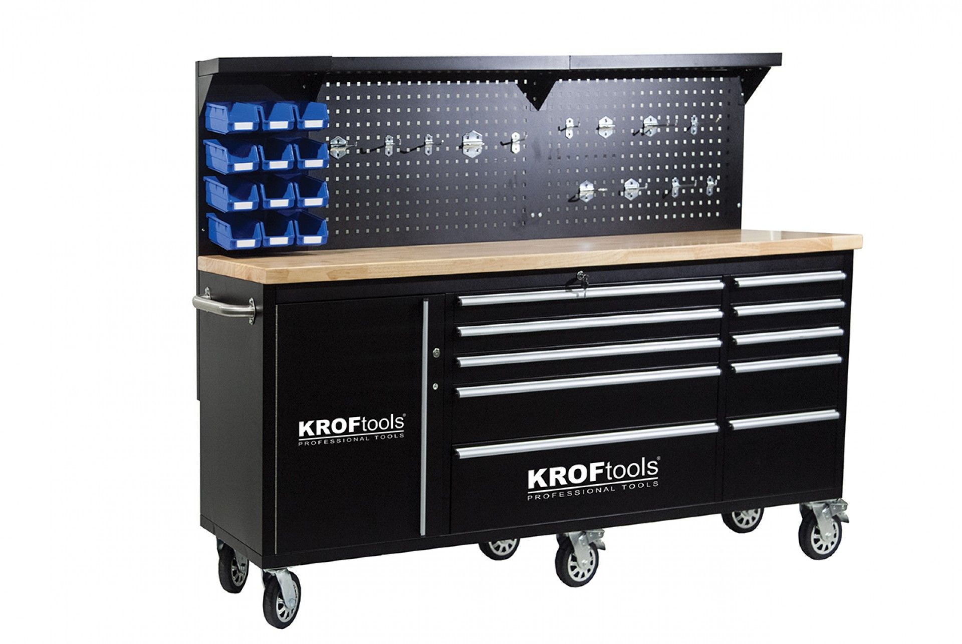 Banco da lavoro mobile con piano in legno 213 cm con 10 cassetti e 3 pannelli a parete porta utensili per officina falegname fai-da-te