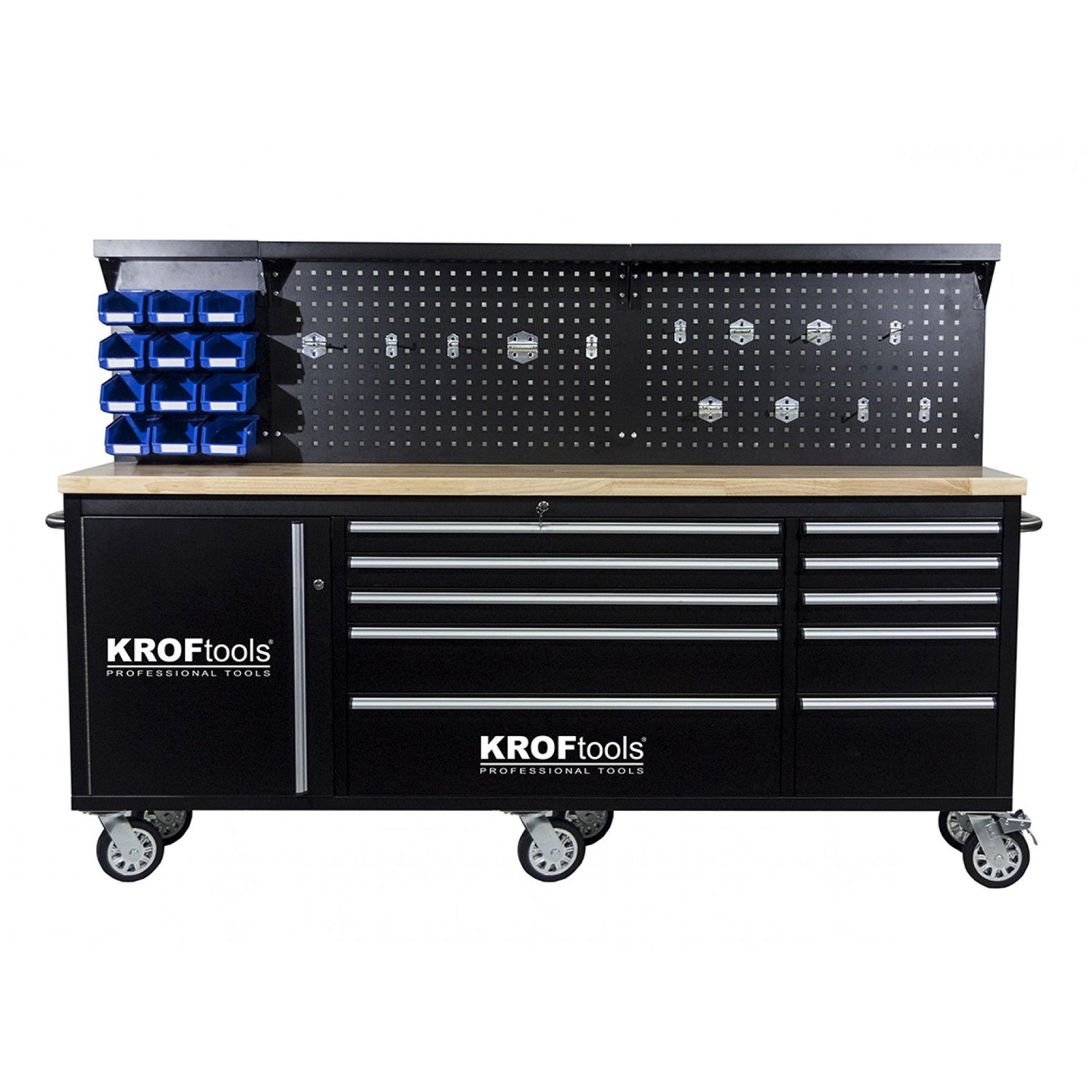 Banco da lavoro mobile con piano in legno 213 cm con 10 cassetti e 3 pannelli a parete porta utensili per officina falegname fai-da-te