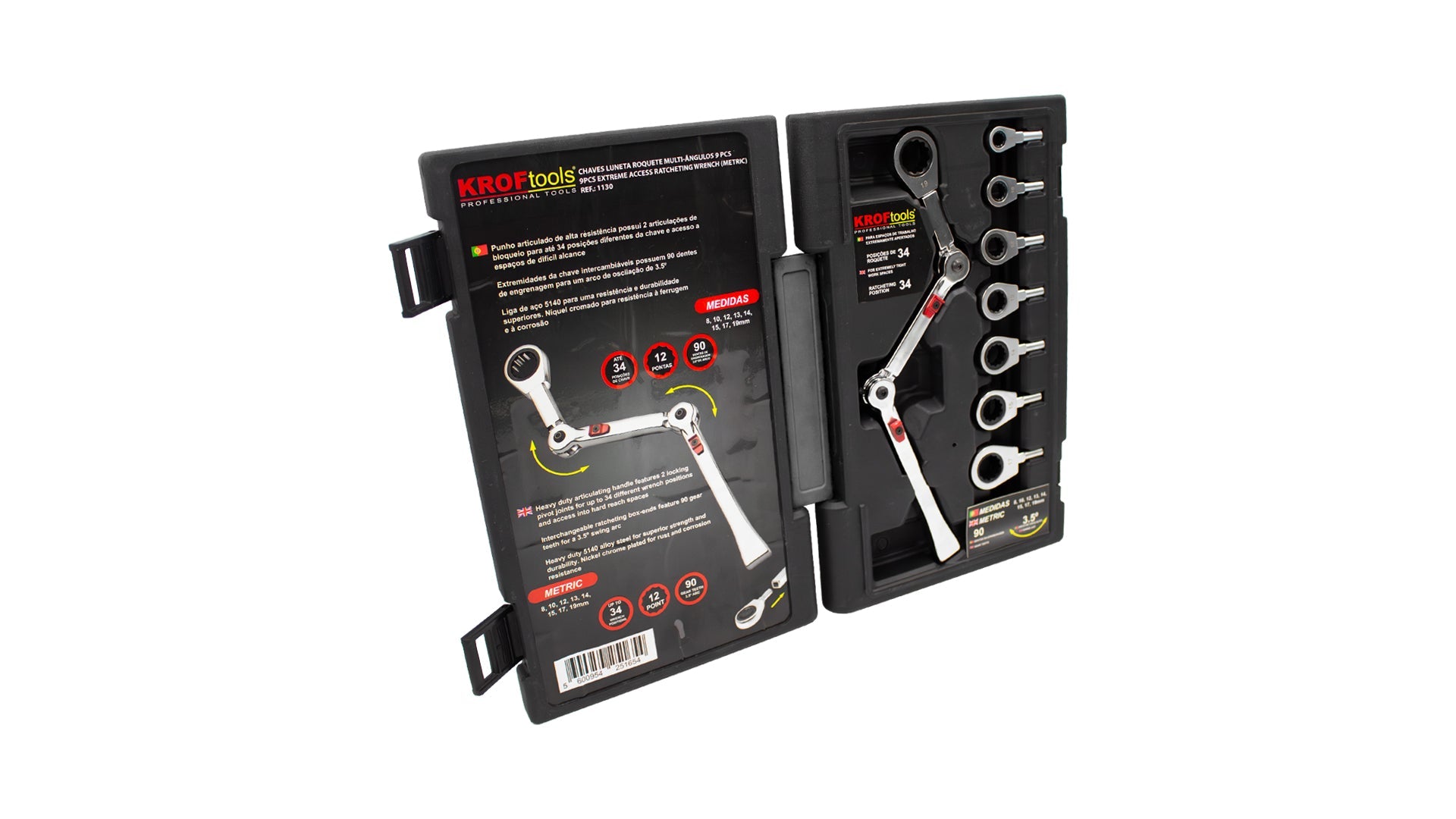 Set chiavi ad anello a cricchetto snodata con testine di ricambio, 9 pezzi Exo-Fit