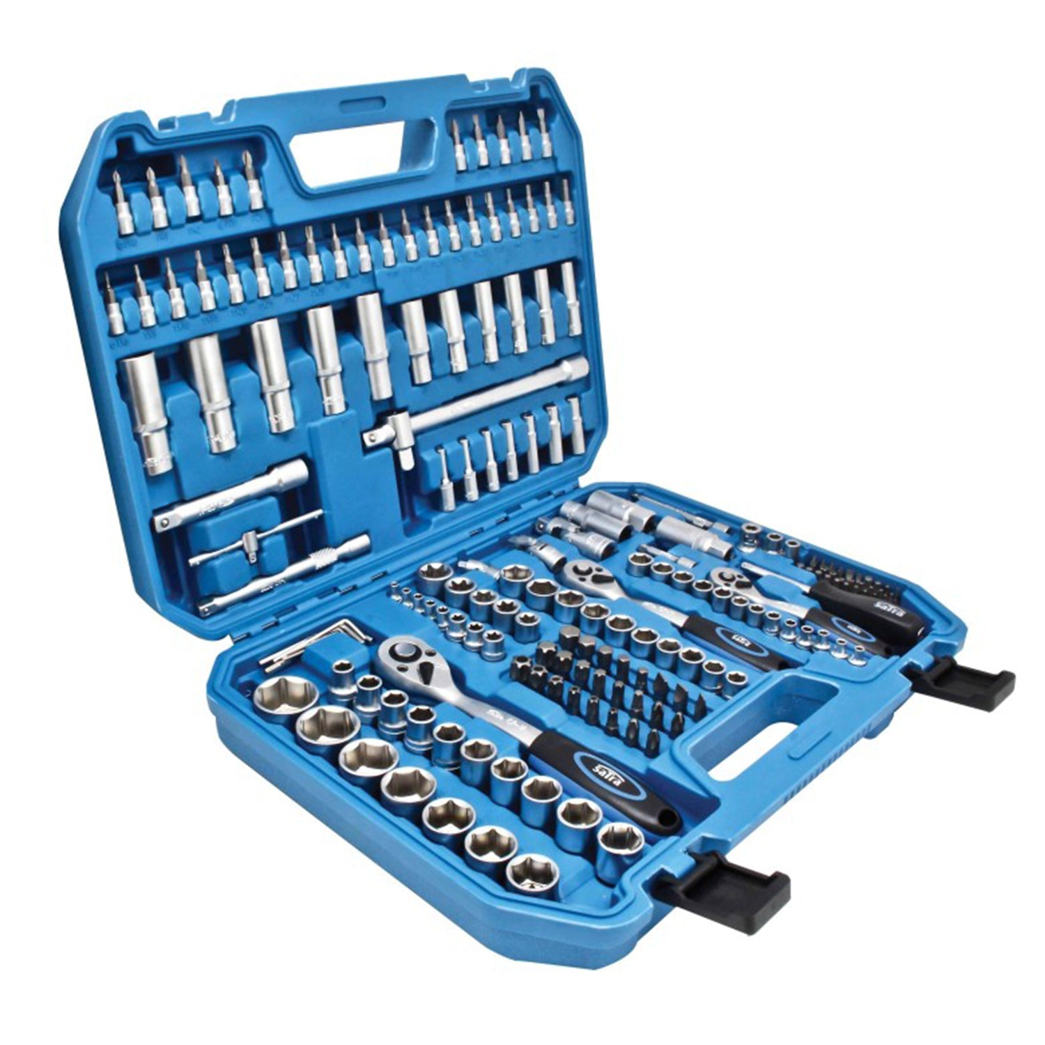 Valigetta utensili professionale 179 pezzi, serie di chiavi a bussola in Cr-V cromate, con cricchetti e inserti, prolunghe, kit attrezzi per auto, officina fai-da-te con attacchi 1/4" 3/8" 1/2", Satra
