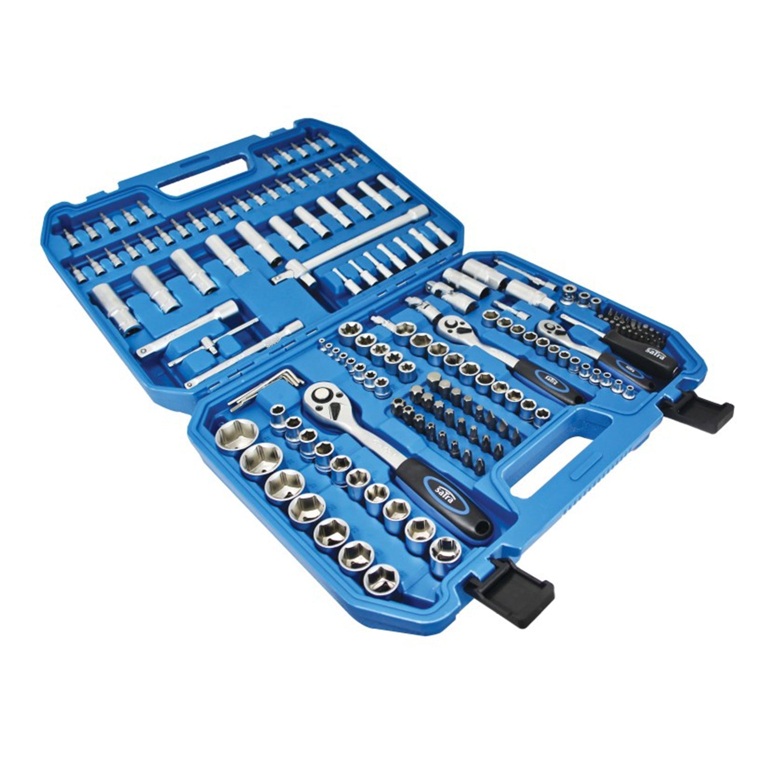 Valigetta utensili professionale 179 pezzi, serie di chiavi a bussola in Cr-V cromate, con cricchetti e inserti, prolunghe, kit attrezzi per auto, officina fai-da-te con attacchi 1/4" 3/8" 1/2", Satra
