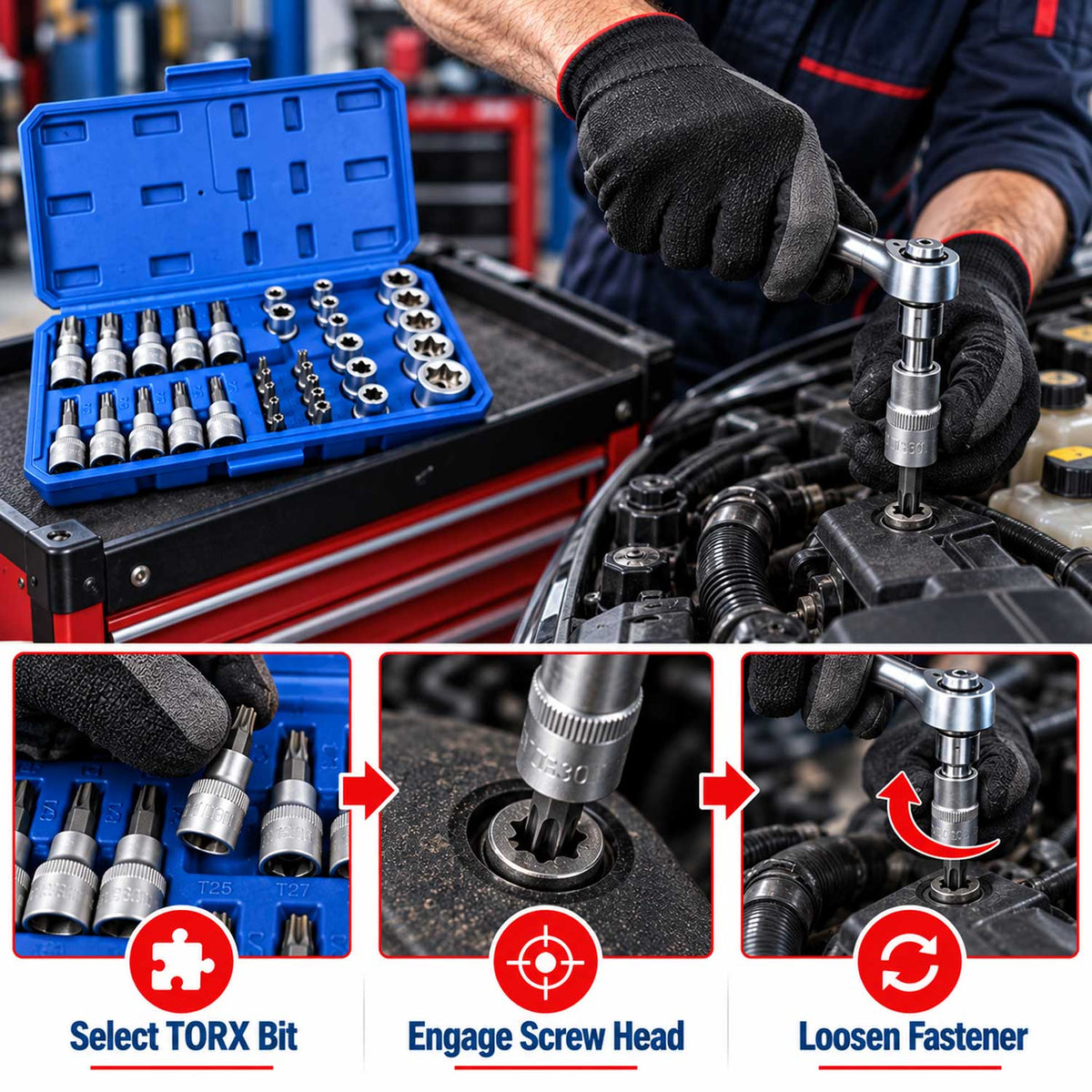 Set-kit bussole E-Torx E4-E20 e inserti Torx T10-T60 ,3/8" ,34 pezzi Gebo Tools