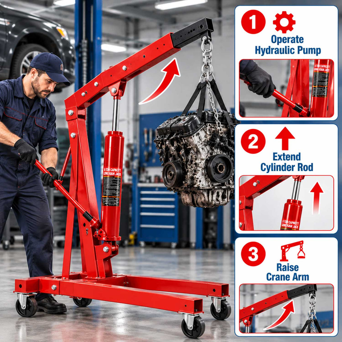 Cric idraulico a pistone lungo, capacità 8 tonnellate, raccoglitrice manuale di ciliegie con maniglia, sollevamento da garage/negozio e paranco di motore, con pompa a singolo, rosso