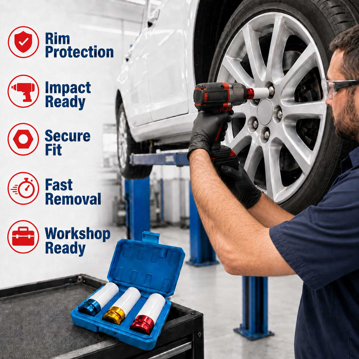 Set 3 bussole con rivestimento protettivo per cerchi auto in lega da 15 mm,17 mm,19 mm, Gebo Tools