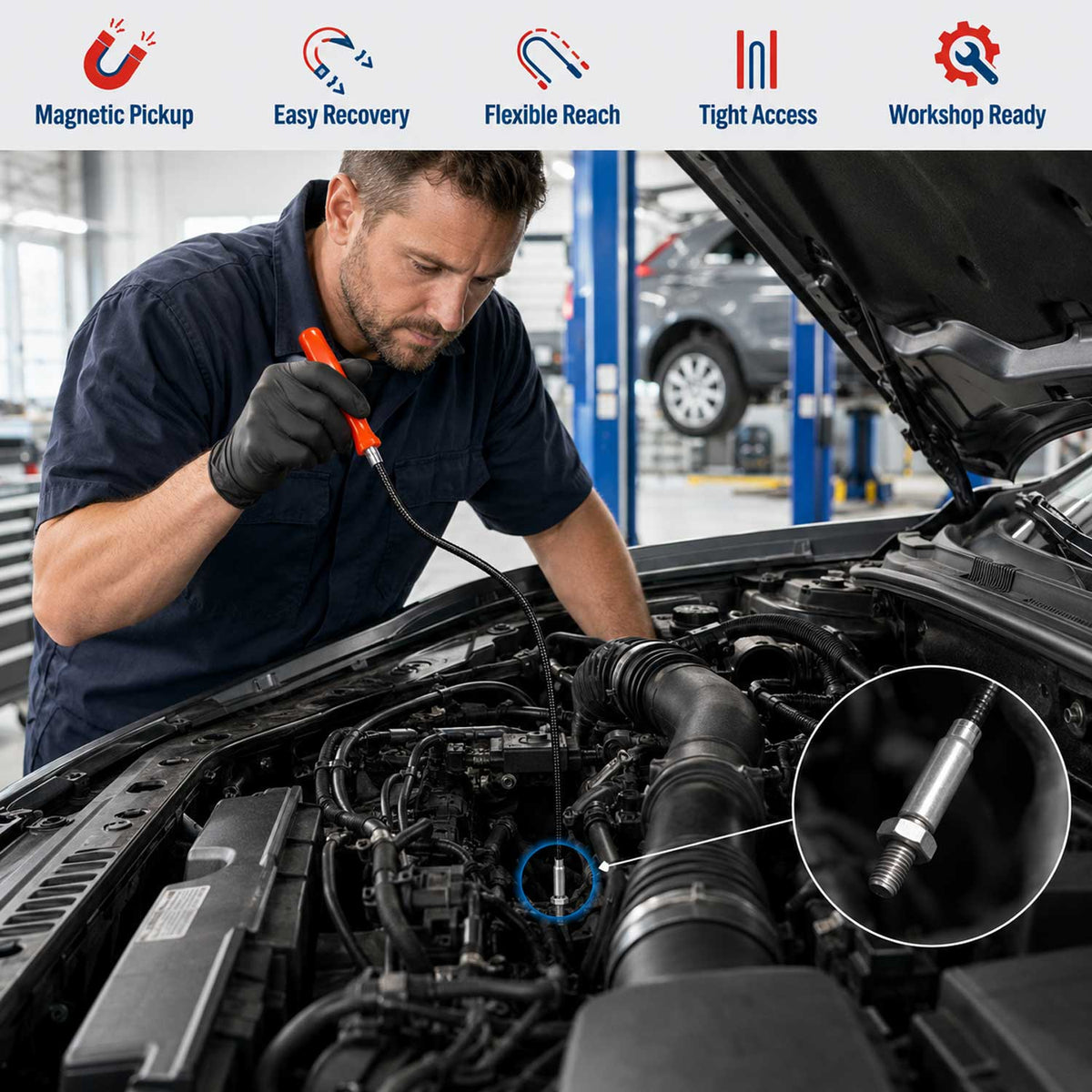 Strumento magnetico flessibile per raccogliere oggetti metallici , per la raccolta di piccole parti, ideale per garage, auto e fai da te  50 cm Gebo Tools