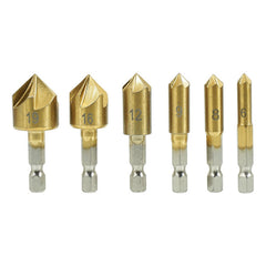 Set di 6 frese coniche a taglienti - rivestimento in titanio - codolo esagonale - per punte da legno, punte coniche, fresa conica trapano, con gambo HEX 6-19 mm, Verke