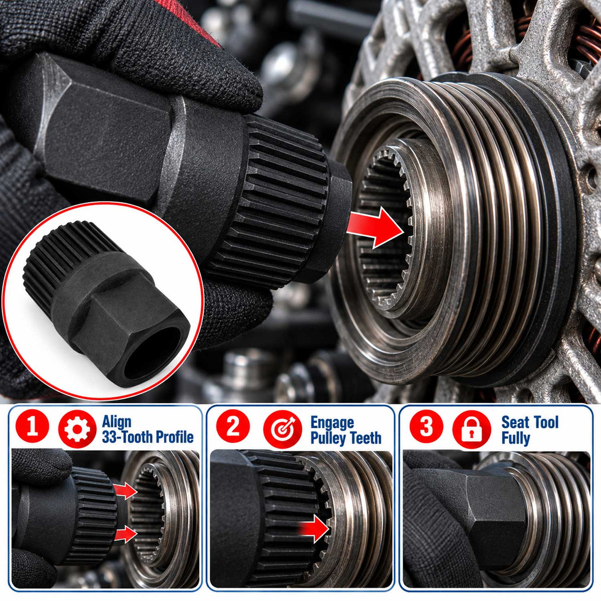 Chiave di rimozione puleggia alternatore  lunghezza 170mm, estrattore, bussola per ruota libera con 33 denti, attrezzo perVW Golf, Vento, Passat; Audi A3, A4; Volvo Gebo Tools
