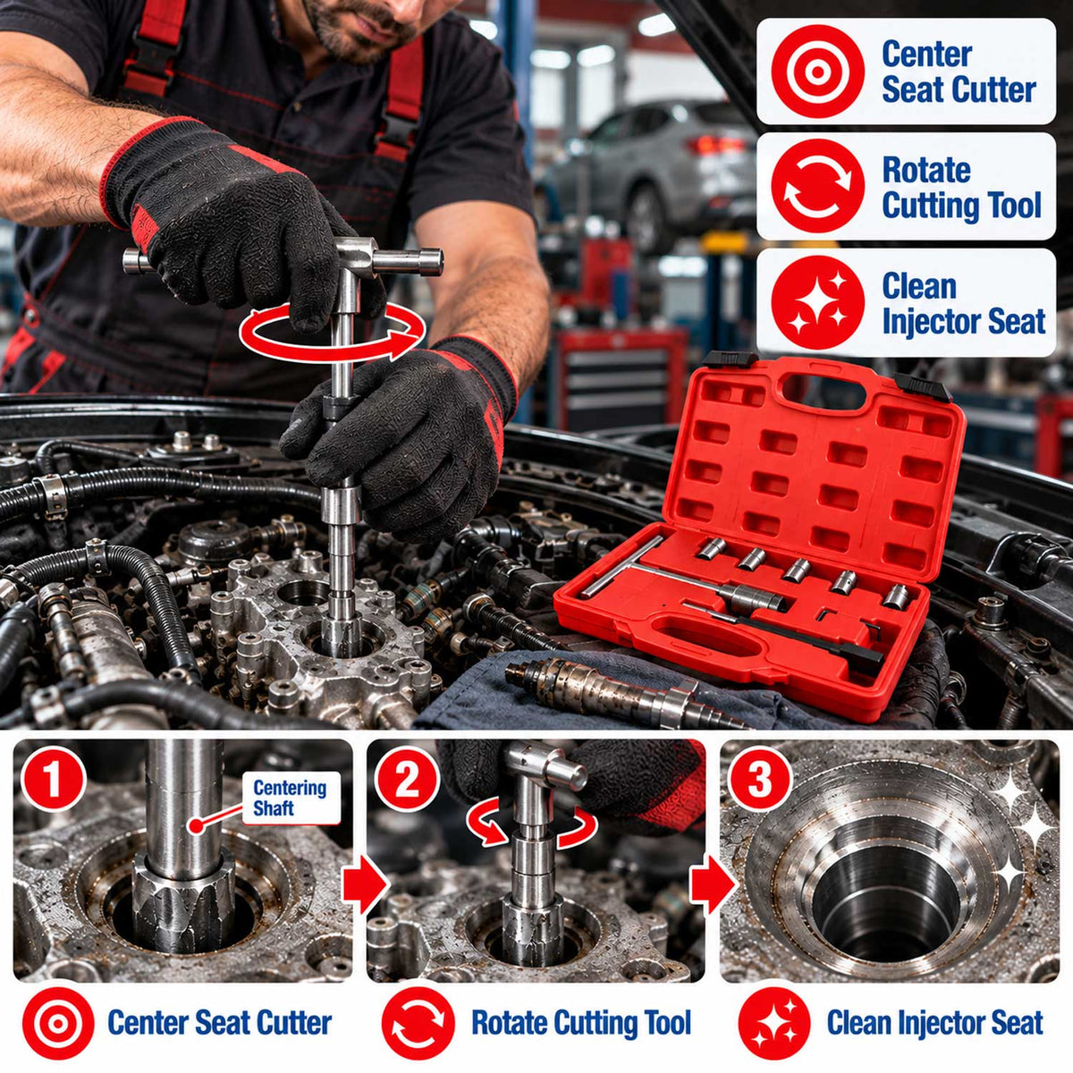 Set-kit professionale per sedi di iniettori diesel, strumento per la rimozione del carbonio, frese per la pulizia interna, 7 pezzi Gebo Tools