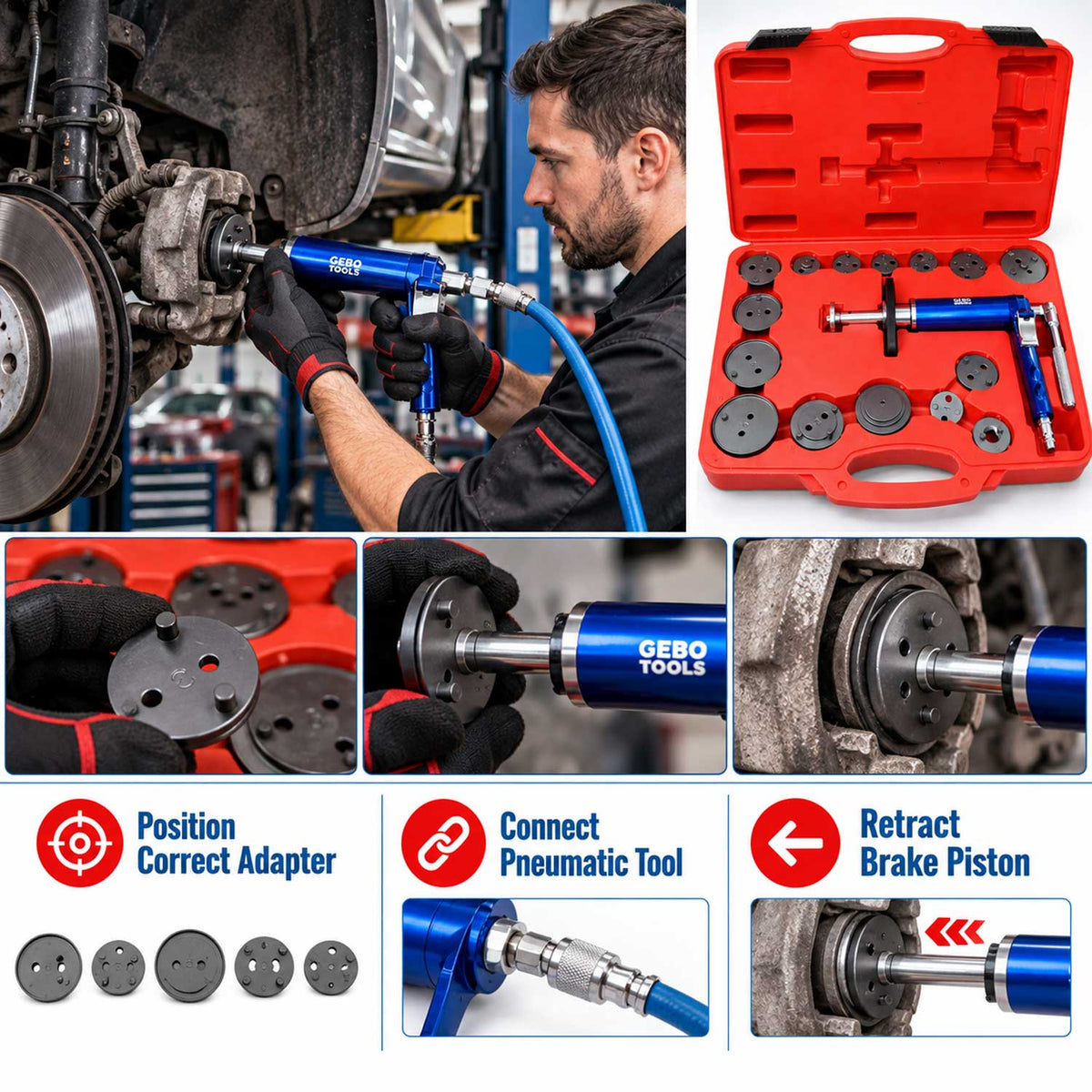 Set-kit pressa pneumatica per pistoncini delle pinze freno, divaricatore per pastiglie dei freni per auto, strumenti per la retrazione del pistone 16 pezzi Gebo Tools