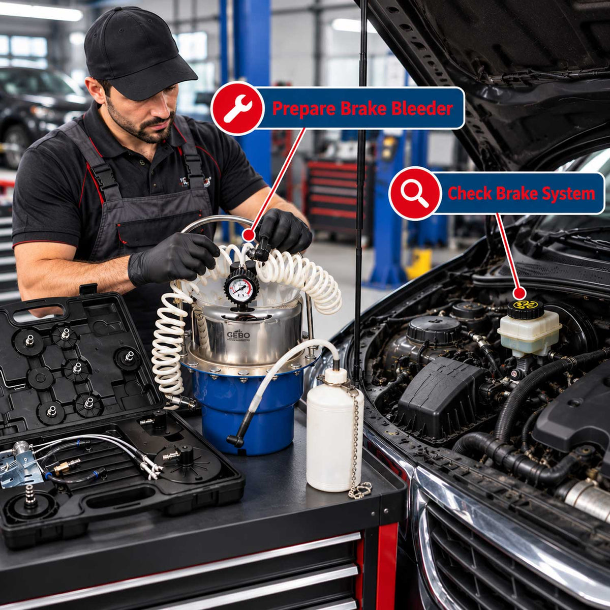Kit-set strumenti per il sistema spurgo freni auto e liquido con adattatori universale, pompa per multimarca  Gebo Tools