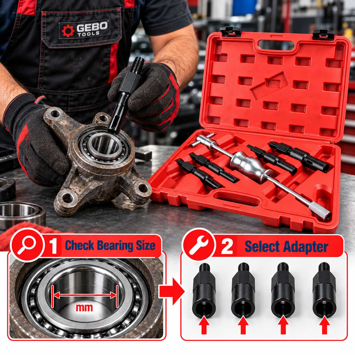 Set-kit estrattori per cuscinetti interni con martello a massa battente, 10–32 mm Gebo Tools