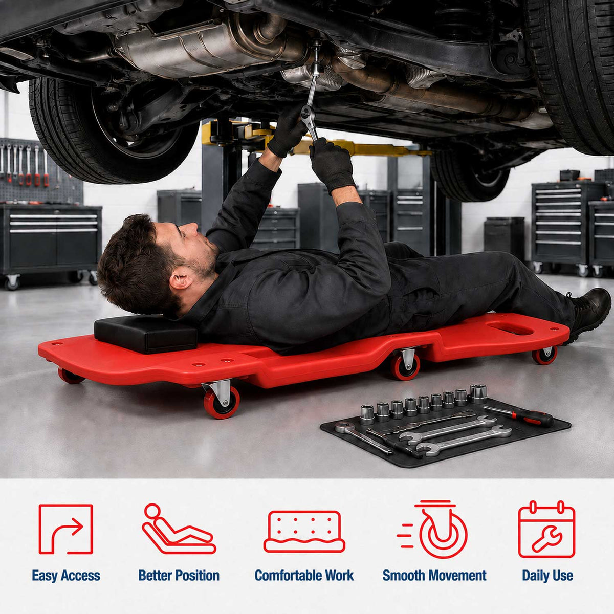 Carrello sdraio per meccanico, sotto auto professionale, da officina, lettino sottomacchina, pedana montaggio, riparazioni con ruote e poggiatesta, 6 ruote e portata fino a 130 kg