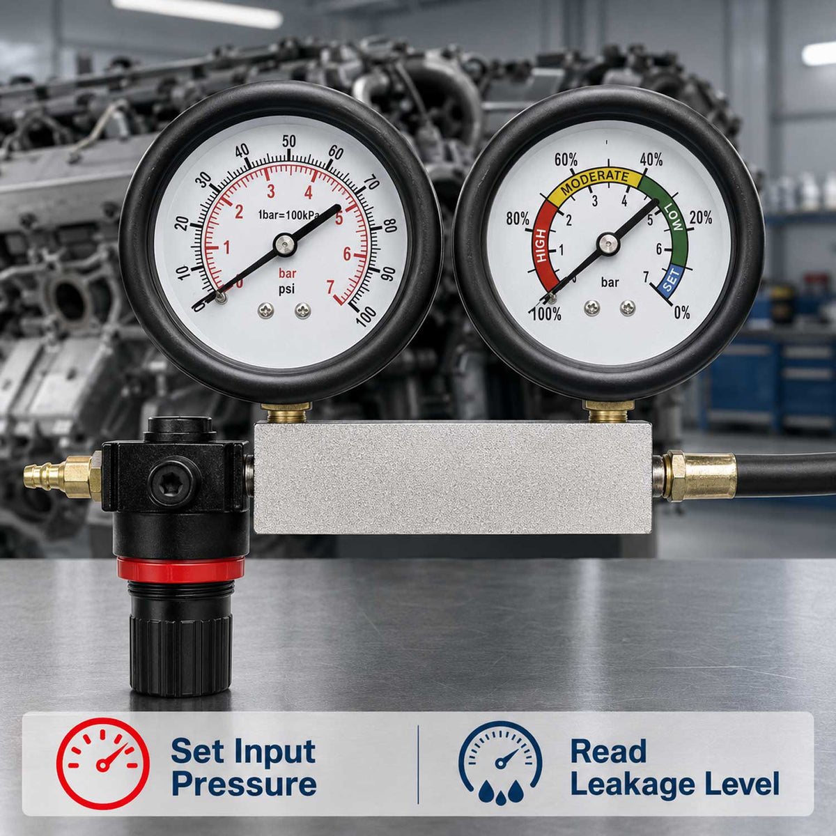 Kit-set test di perdite nei cilindri, include tester di compressione del motore con doppio manometro per controllo pressione e tasso di perdita Gebo Tools