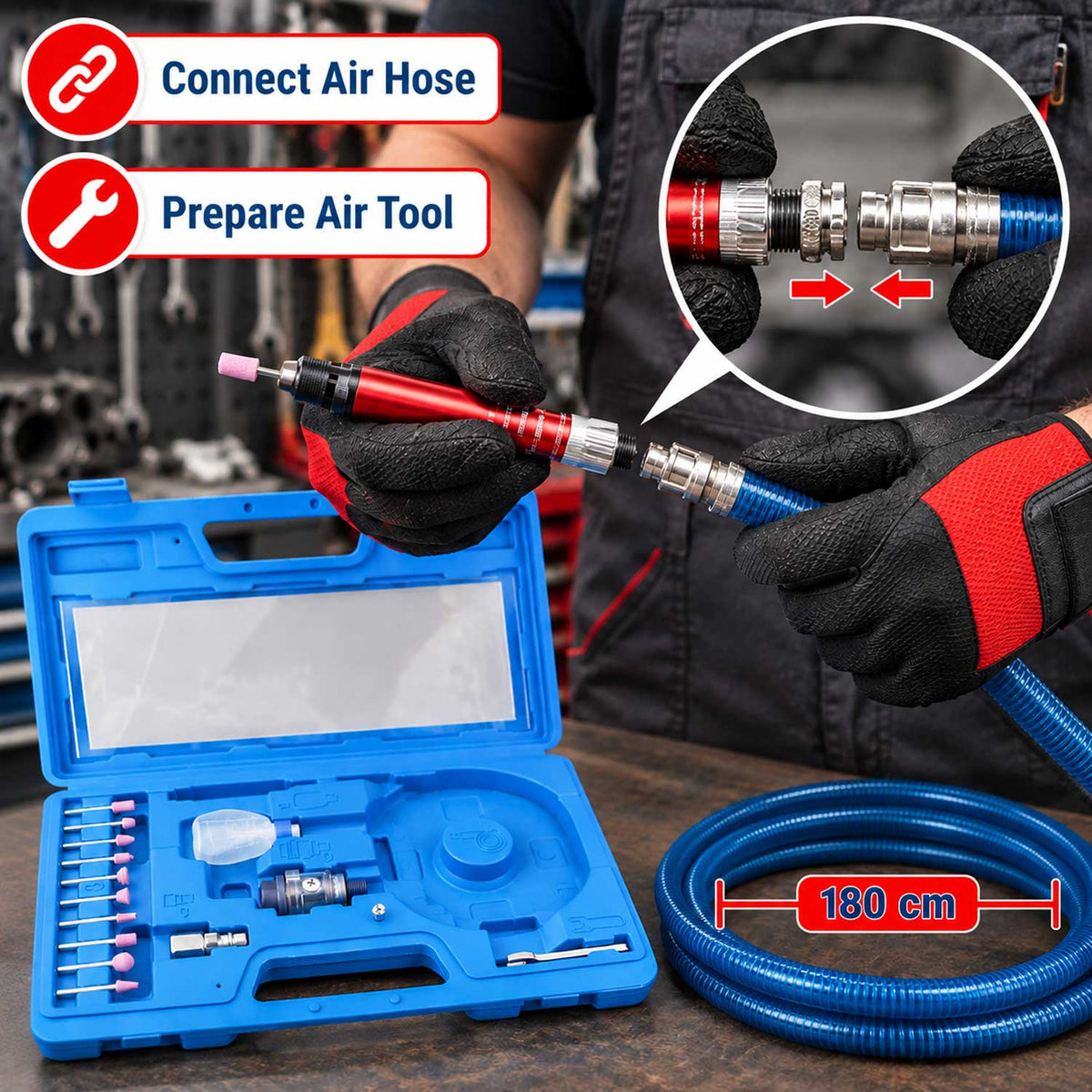 Kit-set micromola pneumatica per smerigliatrice ad aria , strumento per lucidatura a mini matita leggera 58000 giri/min,utensile compatto e leggero per levigatura, pulizia, taglio, lucidatura e sbavatura 17 pezzi Gebo Tools