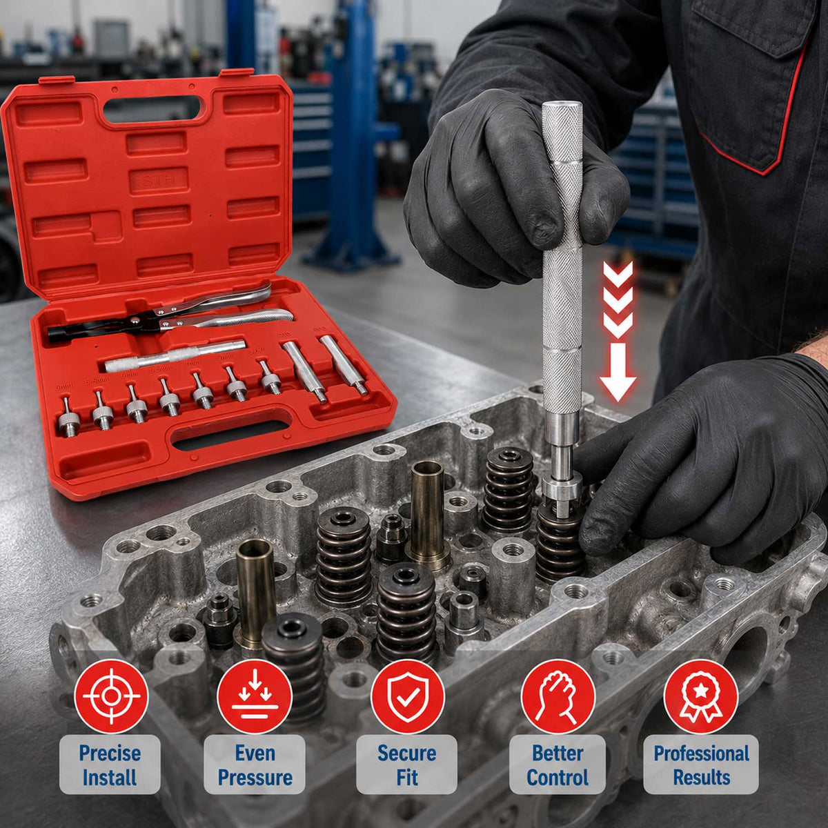 Kit-set pinze e adattatori per rimozione-sostituzione-installazione guarnizioni valvole, 11 pezzi Gebo Tools