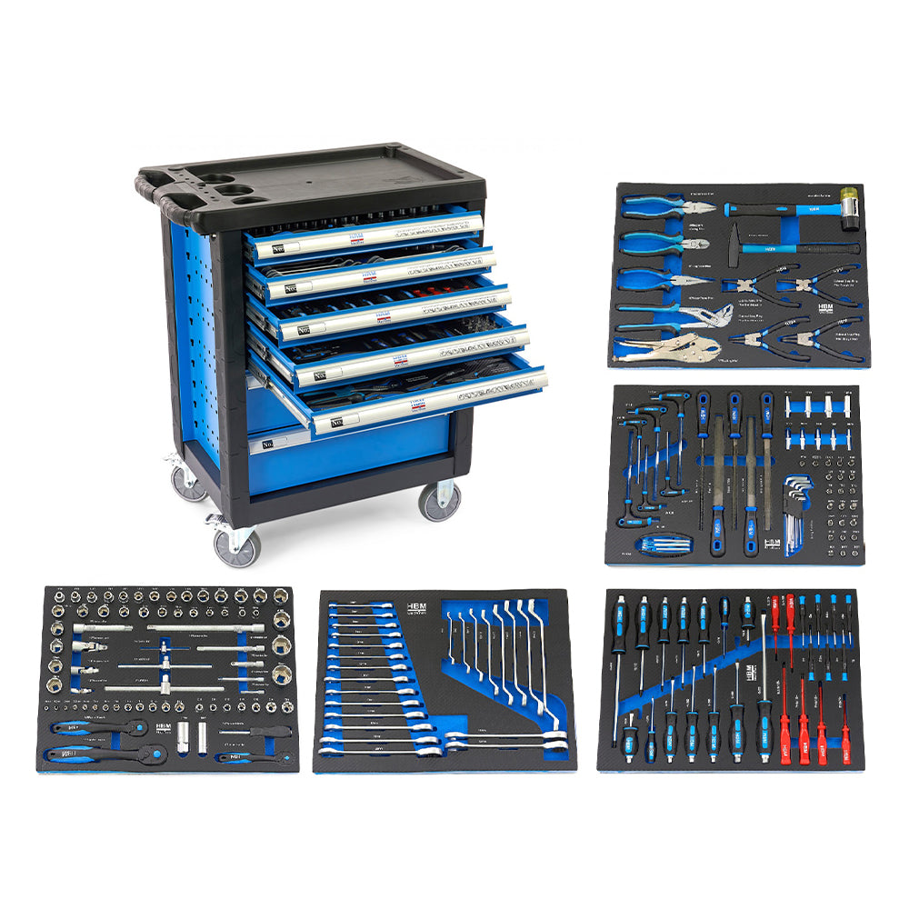 Carrello completo di attrezzi set 196 pezzi con 7 cassetti 5 scomparti e ruote da officina Carbon premium Olanda