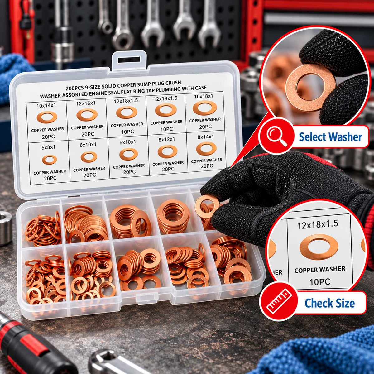 Kit-set assortimento rondelle in rame, guarnizione per il fissaggio degli accessori, 200 pezzi Gebo Tools