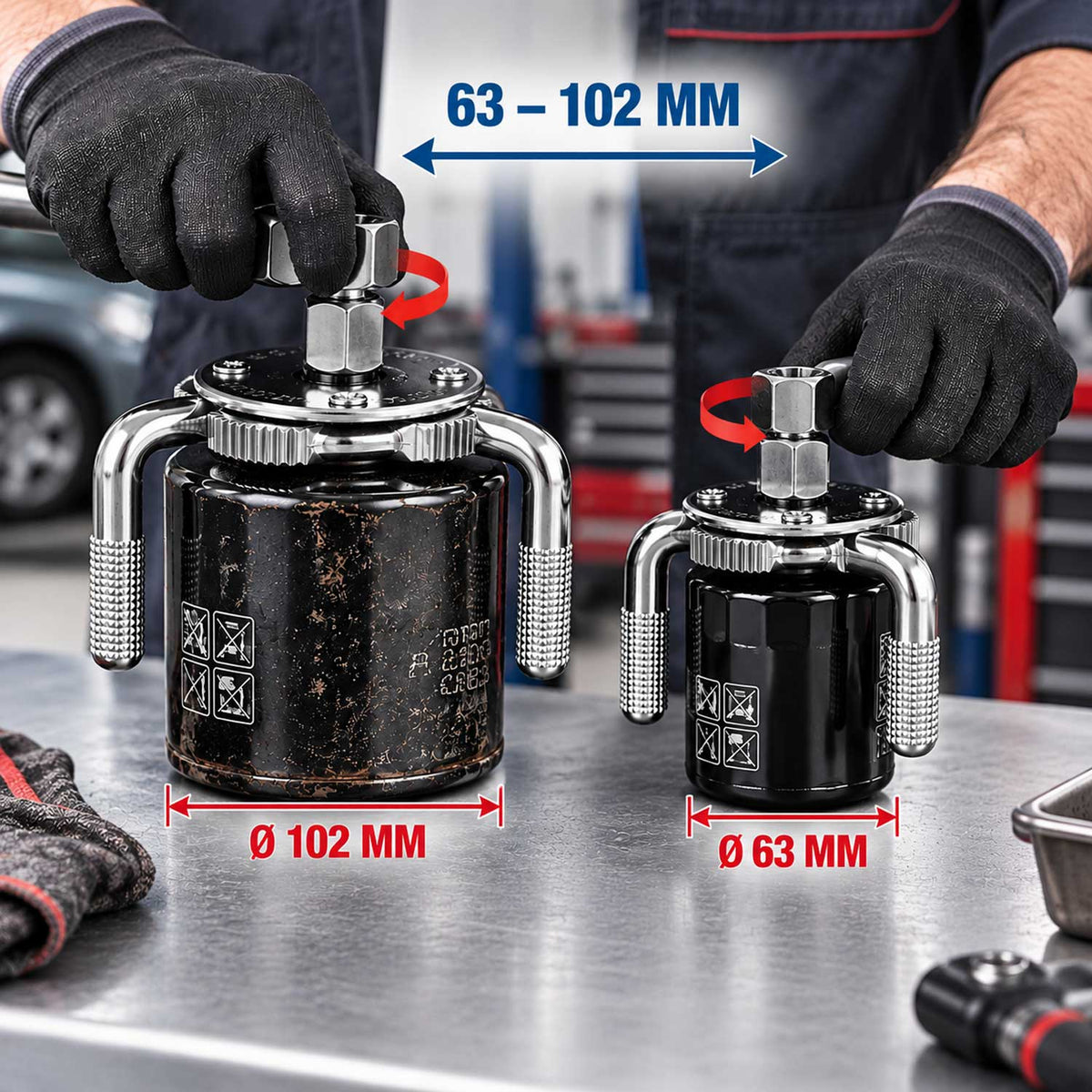 Chiave per la rimozione del filtro dell'olio, strumento a 3 griffe-ganasce-bracci, regolabile, 3/4'', adattatore universale interno-esterno da 1/2" a 3/9",diametro 63–102 mm modello 1 Gebo Tools