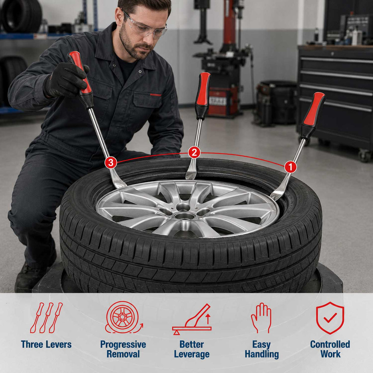 Set-kit leva a cucchiaio in acciaio, per montaggio per pneumatici, leve smontagomme, moto e biciclette, 22 pezzi Gebo Tools