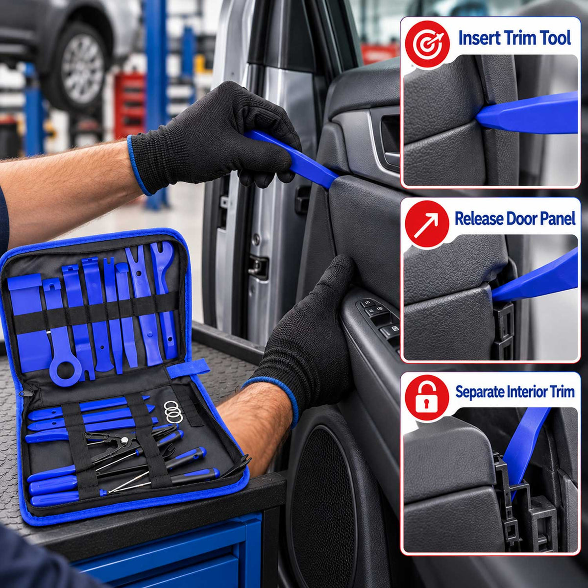 Set-kit utensili rimozione pannelli portiere clip auto, stereo cruscotto, cunei di plastica leve per smontare pannello interno radio, 23 pezzi Gebo Tools