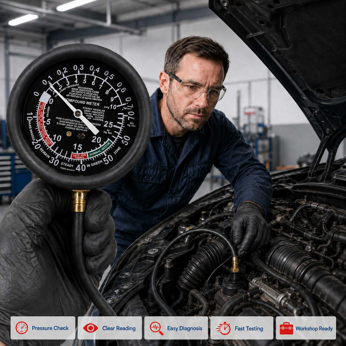 Tester pompa benzina, manometro carburatore pressione vuoto carburante auto, manometri compressione 1 bar fino a 0, 7 bar per auto e moto, Gebo Tools
