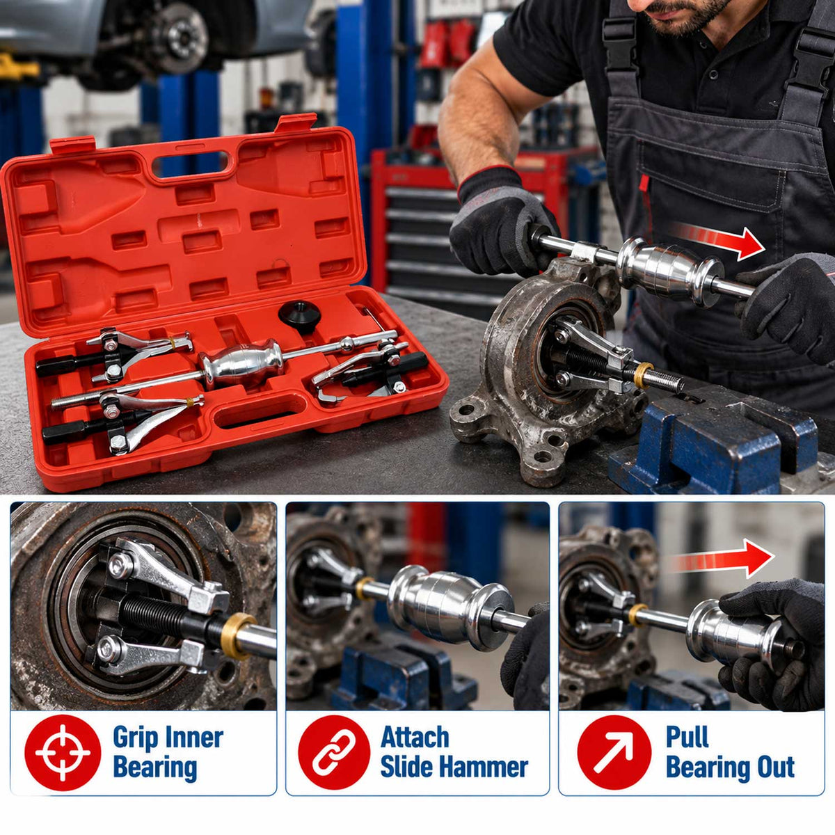 Set-kit estrattore cuscinetti interni, con martello scorrevole, smontaggio cuscinetto Gebo Tools