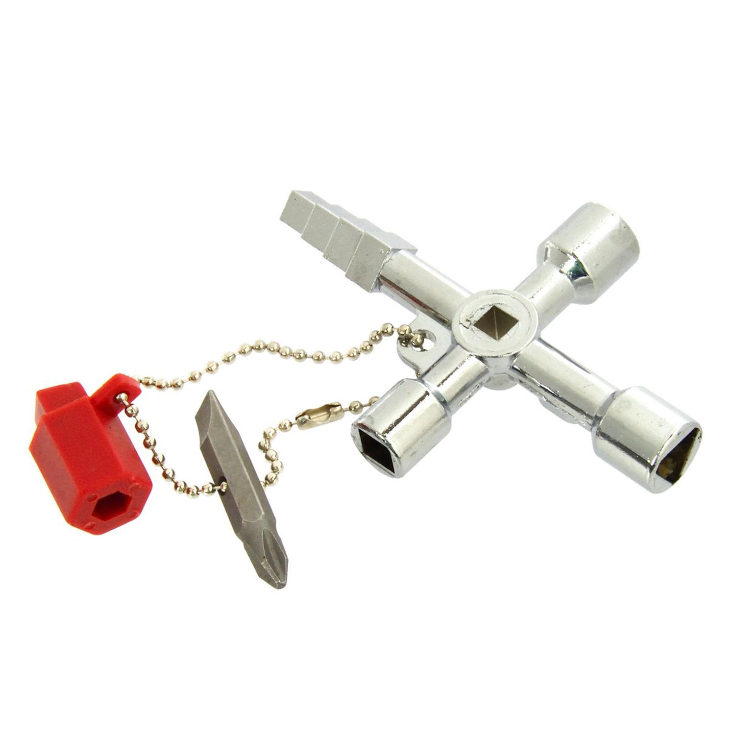 Chiave a croce multifunzionale a 4 vie pratica con cacciavite per rubinetti, contatori acqua e gas, quadri e armadi elettrici, radiatori, ascensori, argento marca Geko