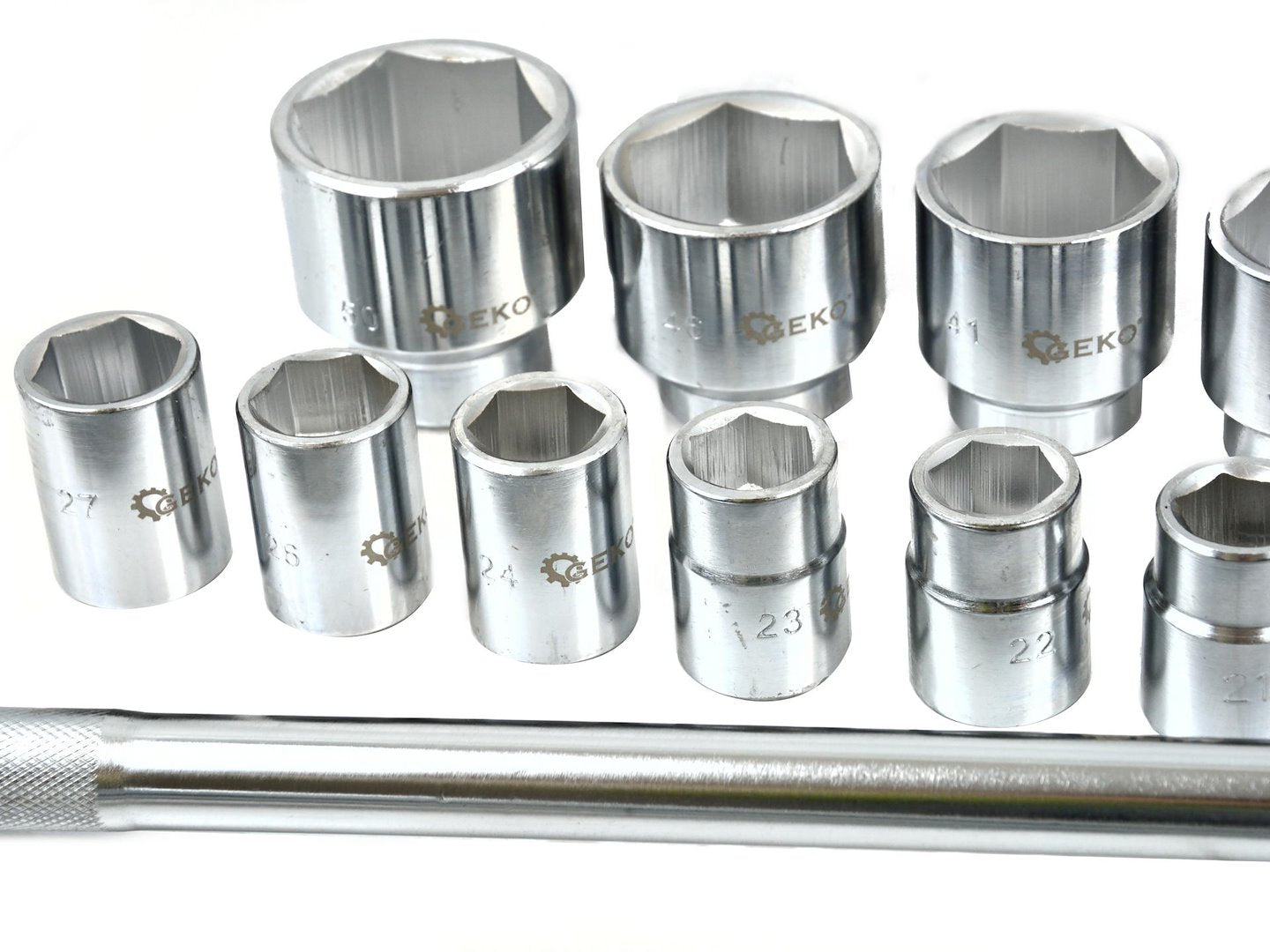 Kit di bussole con cricchetto reversibile, esagonali, estensibile, 19–50 mm (3/4"), 21 pz., con custodia in metallo, Geko