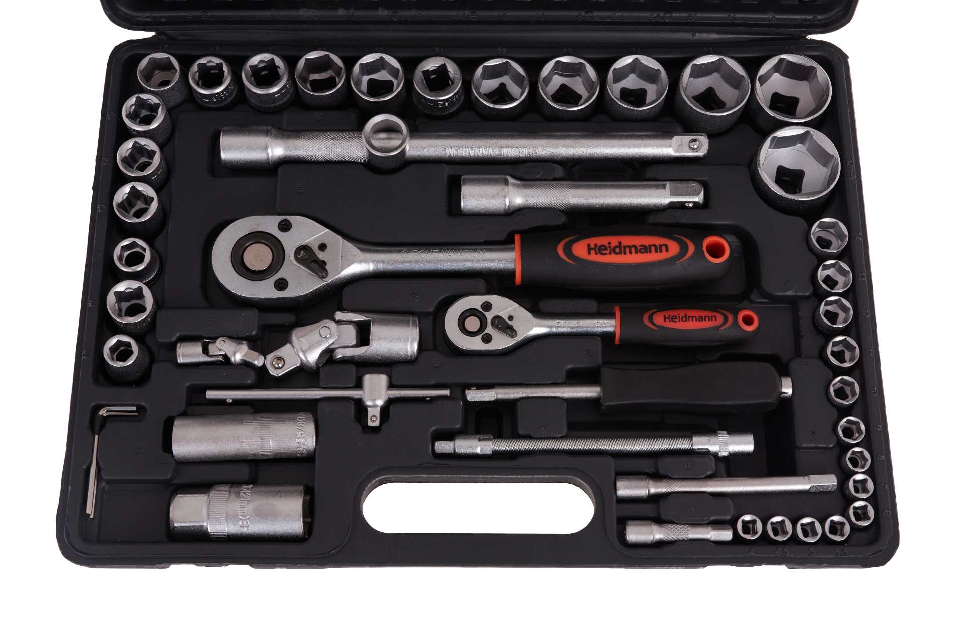 Valigetta utensili professionale 94 pezzi, serie di chiavi a bussola in Cr-V, torx cricchetti, prolunghe, kit attrezzi per auto, officina fai-da-te con attacchi 1/2" e 1/4", Heidmann