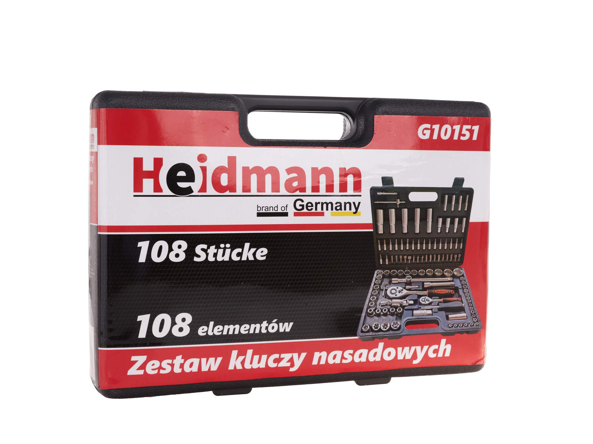 Valigetta utensili professionale 108 pezzi, serie di chiavi a bussola, torx cricchetti, prolunghe, kit attrezzi per auto, officina fai-da-te con attacchi 1/2" e 1/4", Cr-V Heidmann