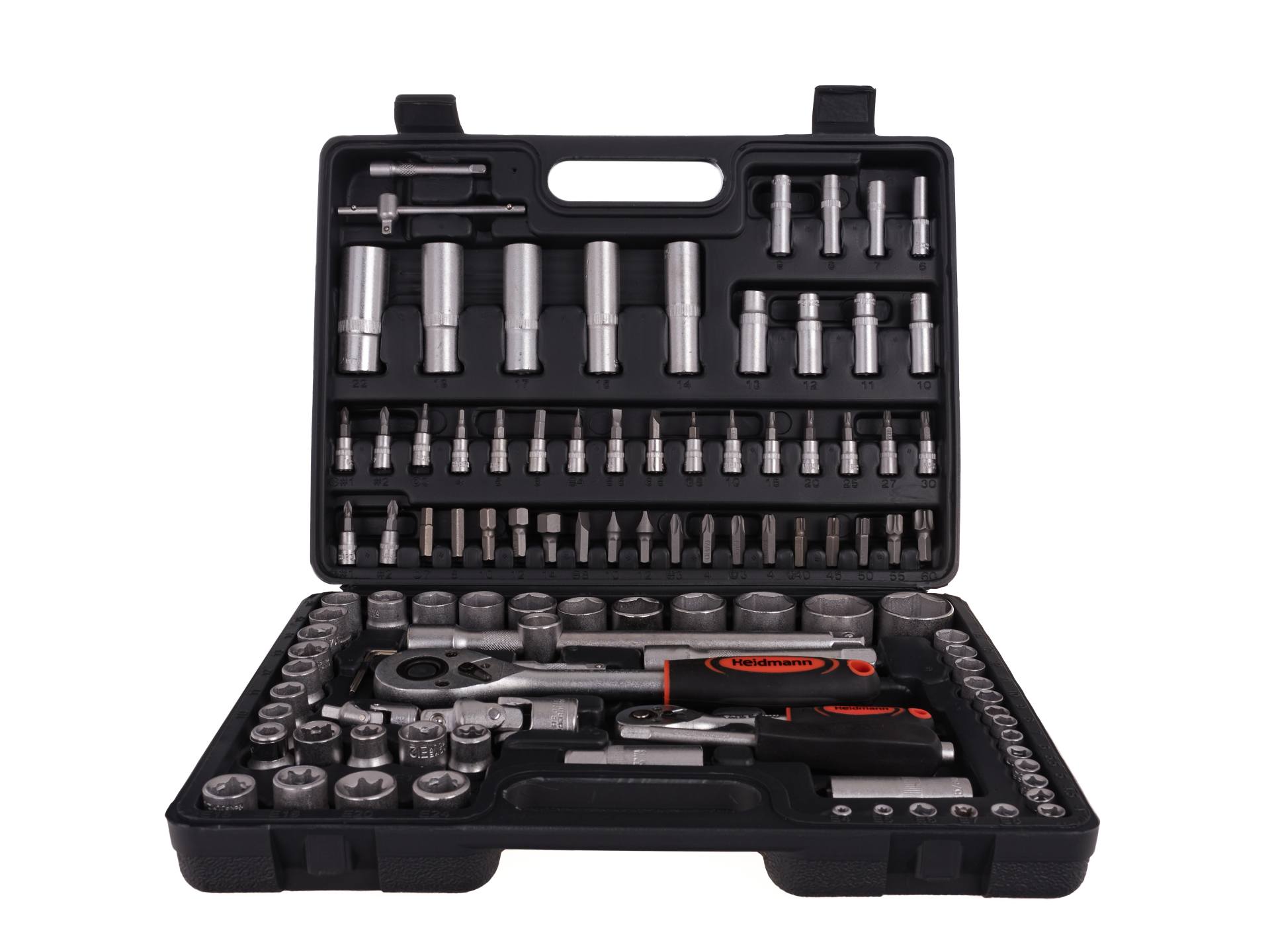 Valigetta utensili professionale 108 pezzi, serie di chiavi a bussola, torx cricchetti, prolunghe, kit attrezzi per auto, officina fai-da-te con attacchi 1/2" e 1/4", Cr-V Heidmann