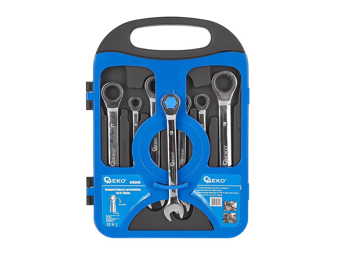 Set di chiavi a cricchetto combinate, anello e forchetta, 8–19 mm, 7 pezzi, Geko