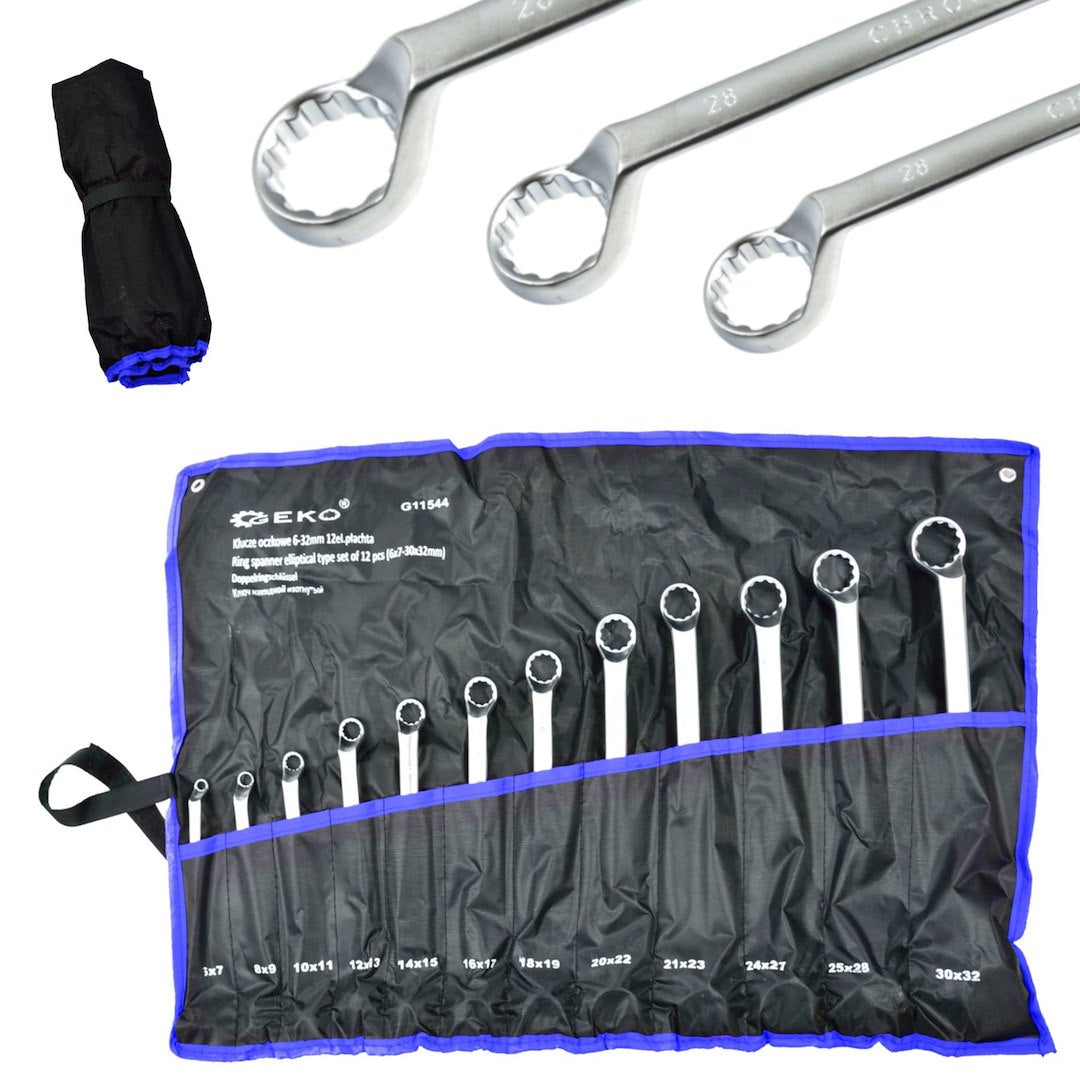 Set chiavi a doppio anello, gomito, con custodia arrotolabile, in acciaio Cr-V, 12 pezzi 6-32mm