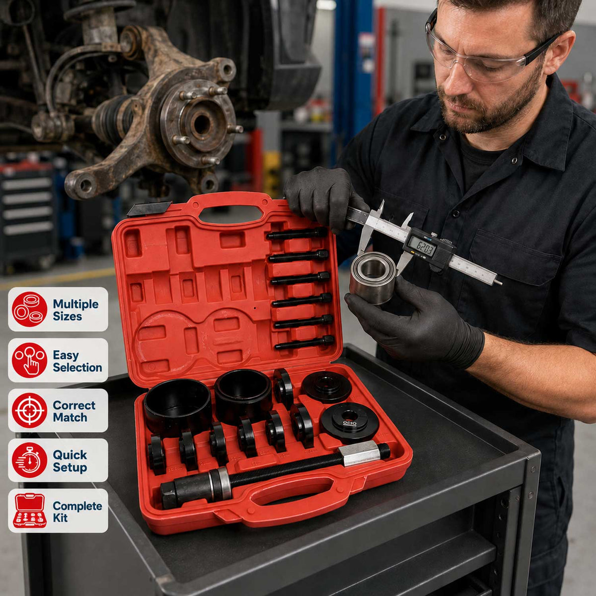 Set-kit estrattore per montaggio smontaggio cuscinetti ruota e boccole, utensili per espulsione cuscinetti assiali, 55–91 mm Gebo Tools