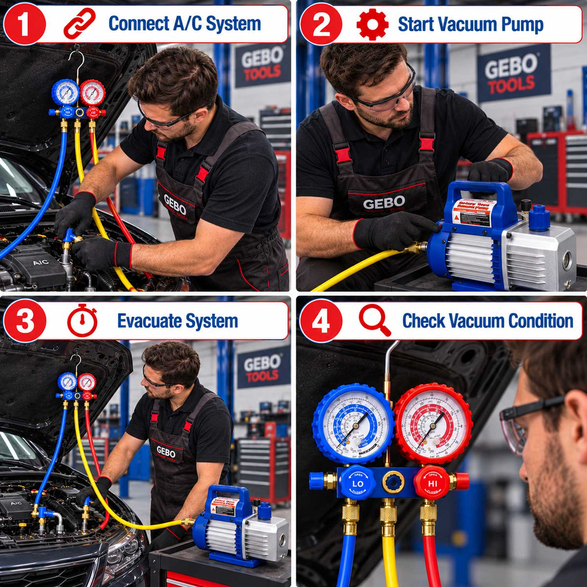 Set-kit pompa vuoto per condizionatori con manometri per HVAC/auto AC, ricarica aria condizionata per R134a, R22, R12 R502 refrigeranti,  70l/min a 2 vie, Gebo Tools