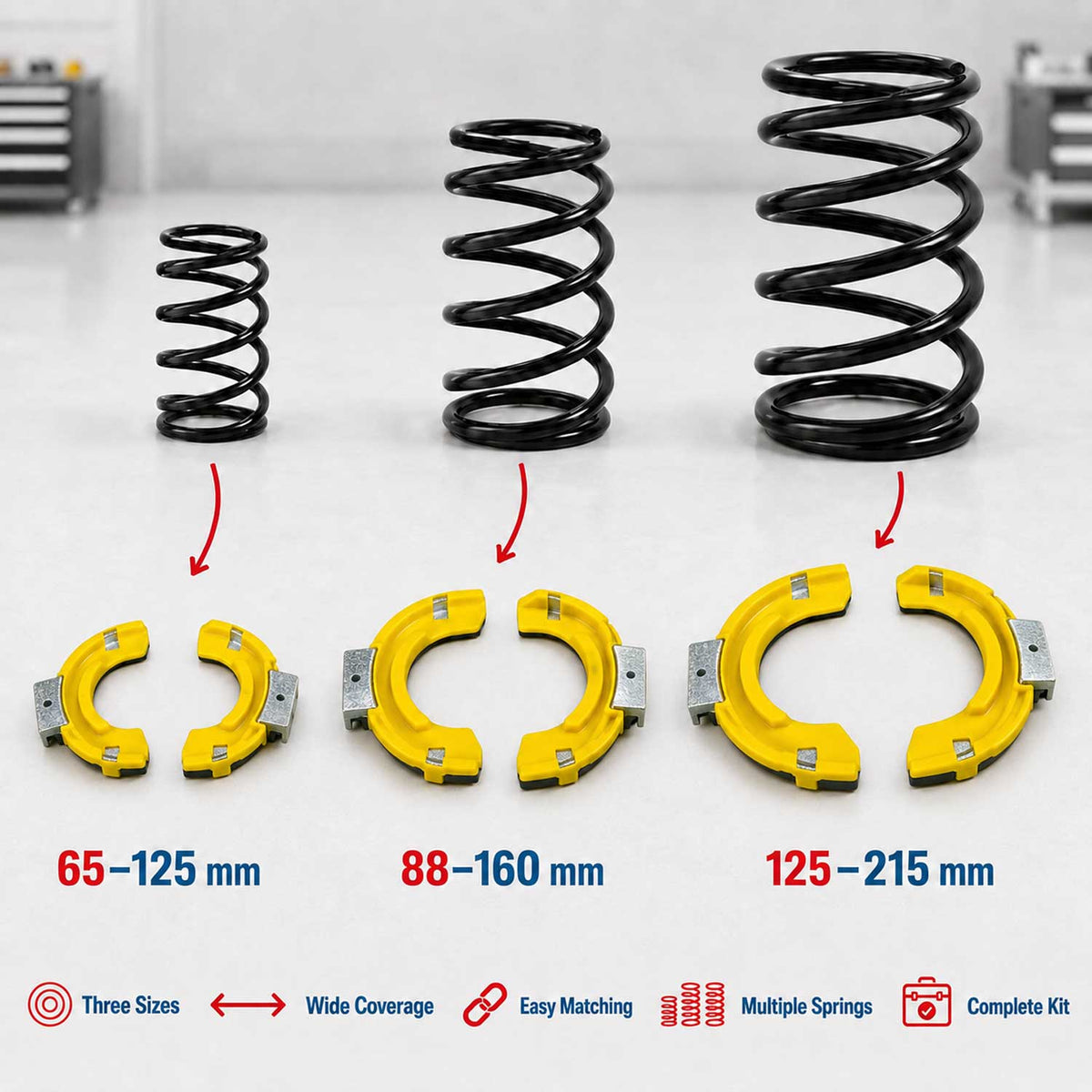 Compressore molla ammortizzatori per auto, strumenti estrattori molle ammortizzatore,professionale,Mc Pherson ,80-265 mm,1 tonnellata,kit compatibile con BMW, Toyota, Ford, Opel, VW, Audi, Saab, Nissan, Honda, Subaru, Volvo, Mitsubishi etc.,Gebo Tools