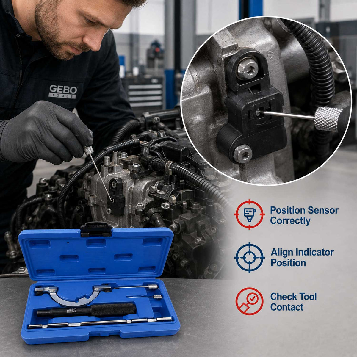 Kit-set messa in fase motori, attrezzi per il bloccaggio della cinghia di distribuzione dell'albero a camme del motore, compatibile con Opel 1.0 1.2 1.4 12V Gebo Tools