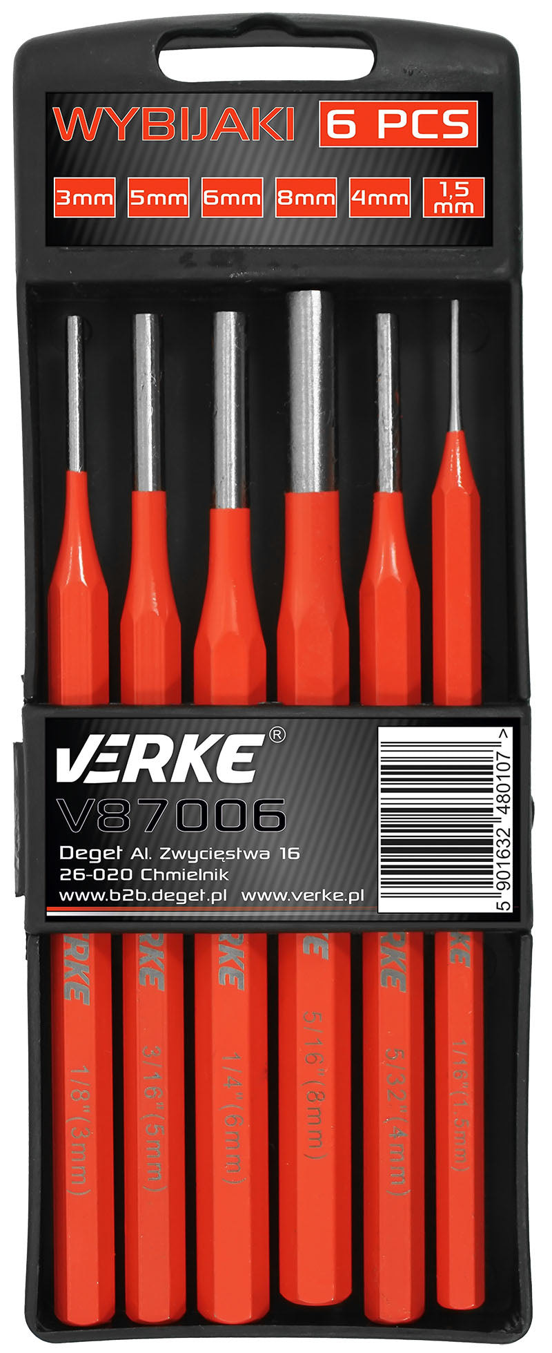 Set di 6 punzoni cilindrici lunghi, set di punzoni a rullo, 2-8 mm, Verke