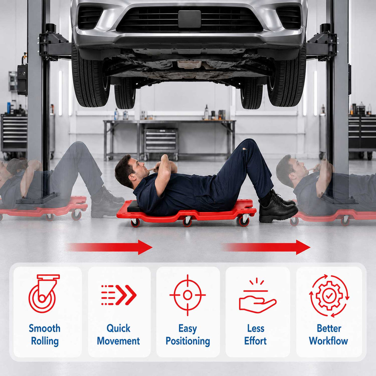 Carrello sdraio per meccanico, sotto auto professionale, da officina, lettino sottomacchina, pedana montaggio, riparazioni con ruote e poggiatesta, 6 ruote e portata fino a 130 kg