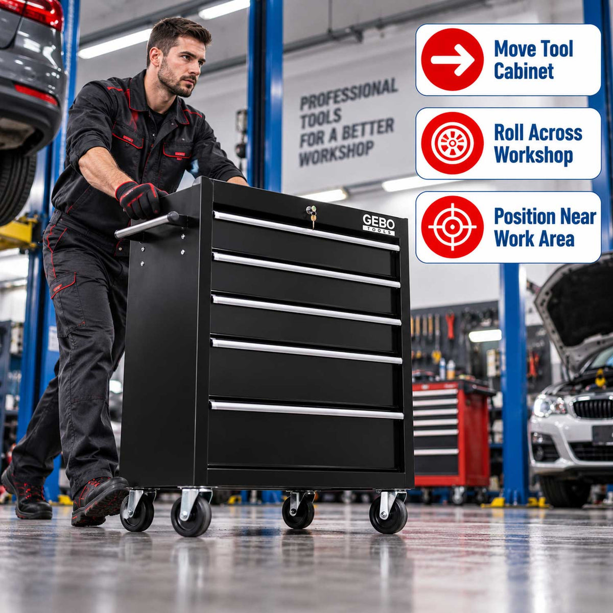 Armadio metallico senza attrezzi con 5 cassetti , carrello portautensili, cassetta portattrezzi mobile,nero, Gebo Tools